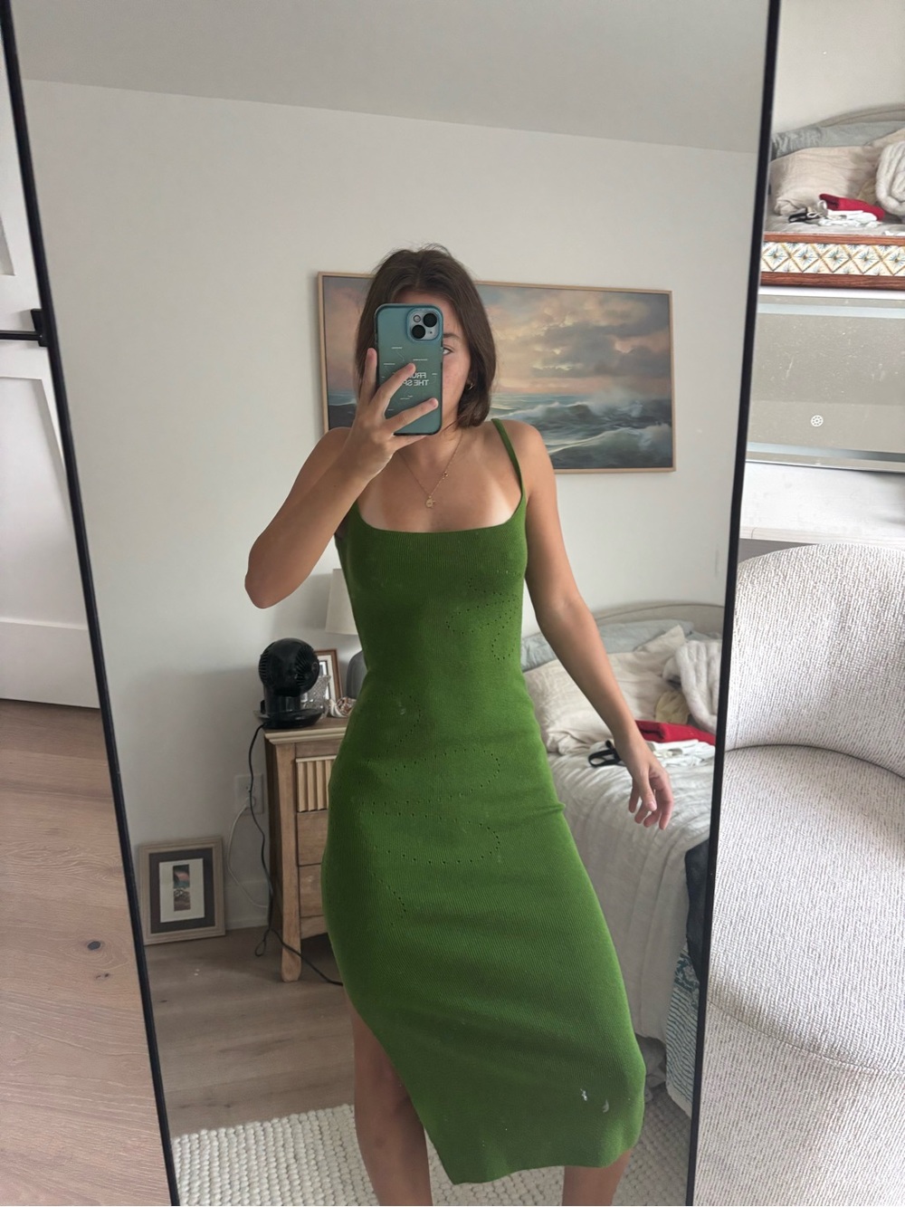 Heavy manners Green Knit Square-Neck Midi Dress